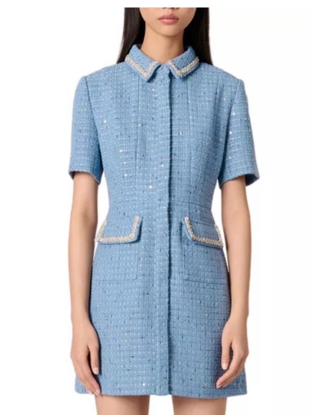 Rilya Maje Light Blue Tweed Mini Dress with Pearl-Trim Collar